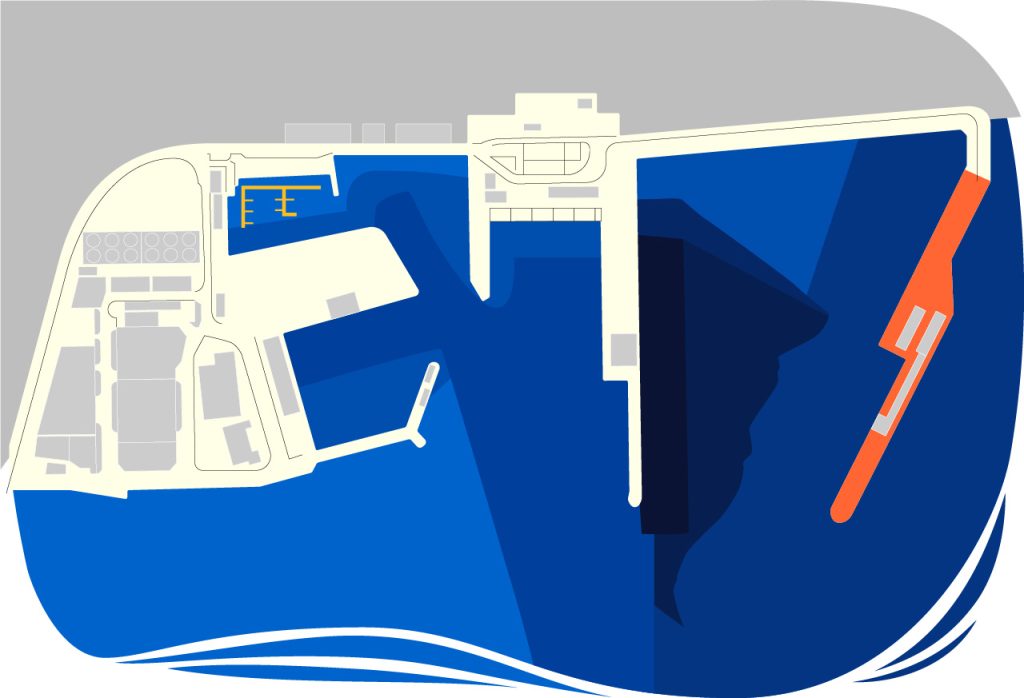 Harbour map indicating the Queen Elizabeth pier